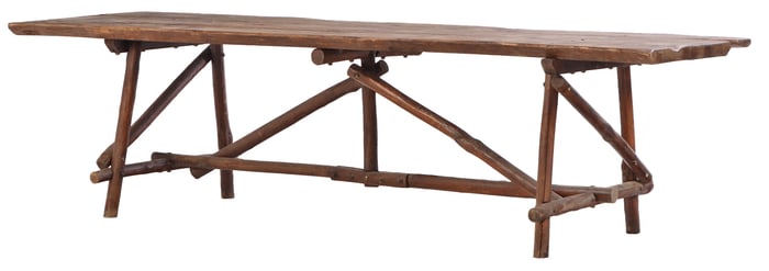 LARGE ITALIAN ELM BRUTALIST STYLE TABLE HAVING A FREE EDGE TOP RESTING IN A STRETCHER BASE C 1940.