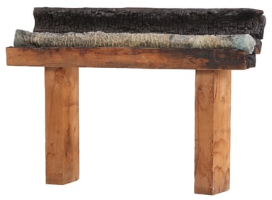 A MONUMENTAL FULGURITE HOUSED IN A LIFT LID WOOD PRESENTATION STAND.