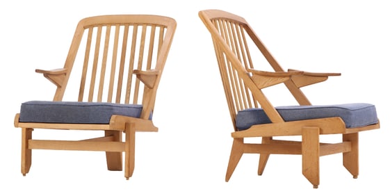 PAIR OF FRENCH OAK ARM CHAIRS BY GUILLERME AND CHAMBRON  C 1970. MODEL COQUILLE.