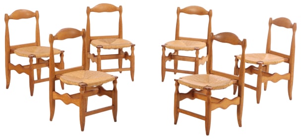 SIX FRENCH OAK DINING CHAIRS DESIGNED BY GUILLERME AND CHAMBRON C 1960.