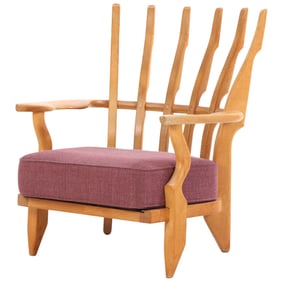 FRENCH "GRAND REPOS" OAK ARM CHAIR DESIGNED BY GUILLERME AND CHAMBRON C 1970.