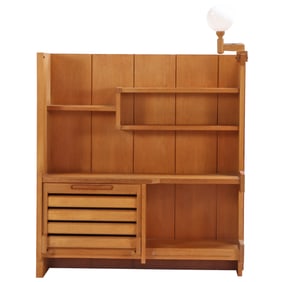 FRENCH OAK FALL FRONT BAR CABINET BY GUILLERME AND CHAMBRON C 1970 WITH REMOVEABLE SWING ARM LIGHT