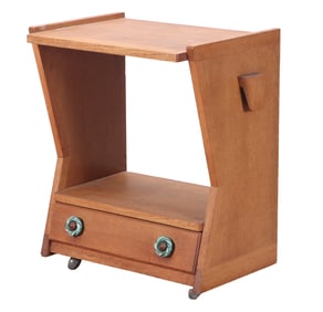FRENCH OAK AND CERAMIC TILE NIGHT STAND OR END TABLE C 1970 BY GUILLERME AND CHAMBRON.