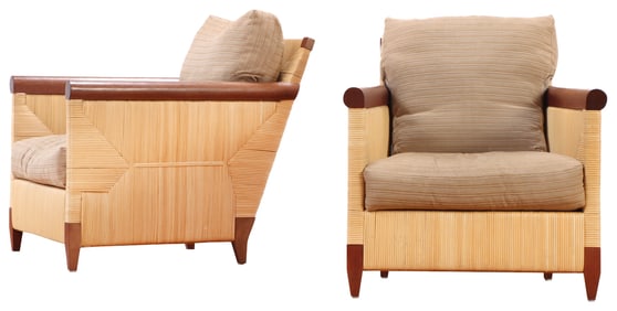 PAIR OF DONGHIA MERBOU CLUB CHAIRS WITH RUSH SIDES.