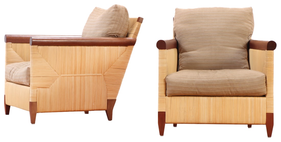 PAIR OF DONGHIA MERBOU CLUB CHAIRS WITH RUSH SIDES.