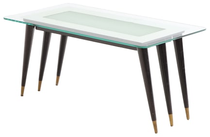 PAINTED WOOD ITALIAN COFFEE TABLE HAVING A GLASS TOP WITH A SILVERED BAND IN THE MANNER OF GIO