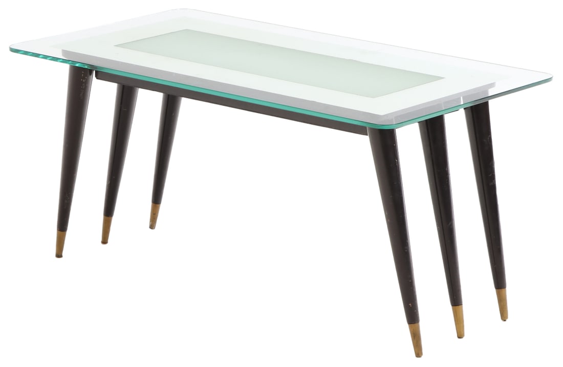 PAINTED WOOD ITALIAN COFFEE TABLE HAVING A GLASS TOP WITH A SILVERED BAND IN THE MANNER OF GIO (1 of 5)