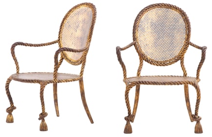 MID-CENTURY MODERN ITALIAN GILT IRON ROPE ARMCHAIRS BY NICCOLINI, CIRCA 1950