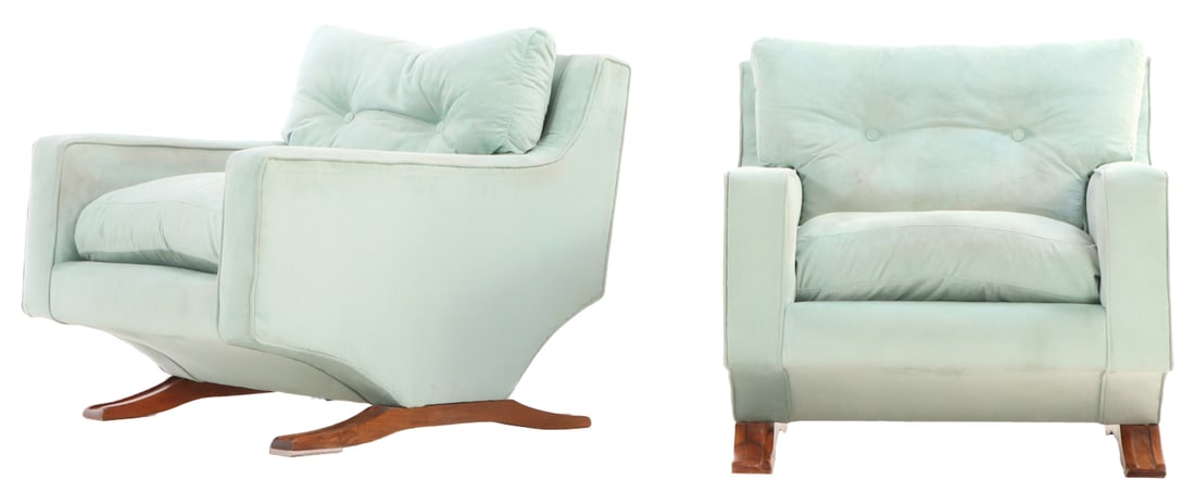 PAIR UPHOLSTERED ITALIAN LOUNGE CHAIRS ON WOOD BASE C 1960. (1 of 7)