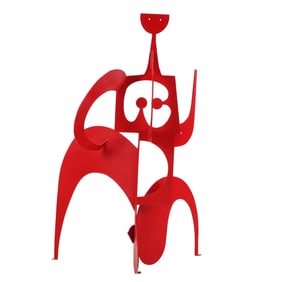 A LARGE SCALE MODERN PAINTED IRON ABSTRACT FIGURE WITH CUT OUT DESIGN.