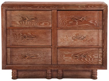 FRENCH EIGHT DRAWER CERUSED OAK COMMODE HAVING COPPER PLATED HARDWARE C 1940.