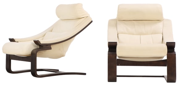 PAIR WHITE LEATHER CANTILEVERED LOUNGE CHAIRS C 1970