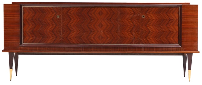 FRENCH ART DECO STYLE FOUR DOOR SIDEBOARD HAVING EXOTIC WOOD GRAIN AND A SYCAMORE INTERIOR C 1950.