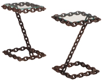 BRUTALIST CHAIN LINK GLASS TOP END TABLES C 1970