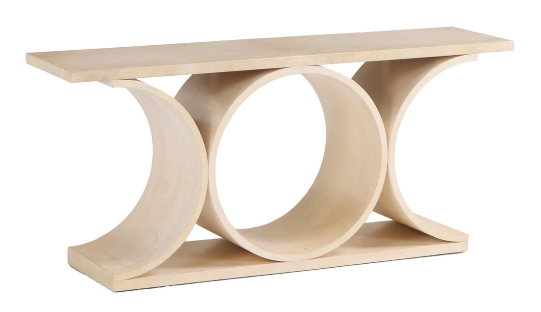 A PARCHMENT COVERED CONSOLE TABLE HAVING CIRCULAR DESIGN IN THE MANNER OF JEAN-MICHEL FRANK.: A parchment covered console table having circular design in the manner of Jean-Michel Frank. Ht: 30.75" Wd: 68.25" Dpth: 17"