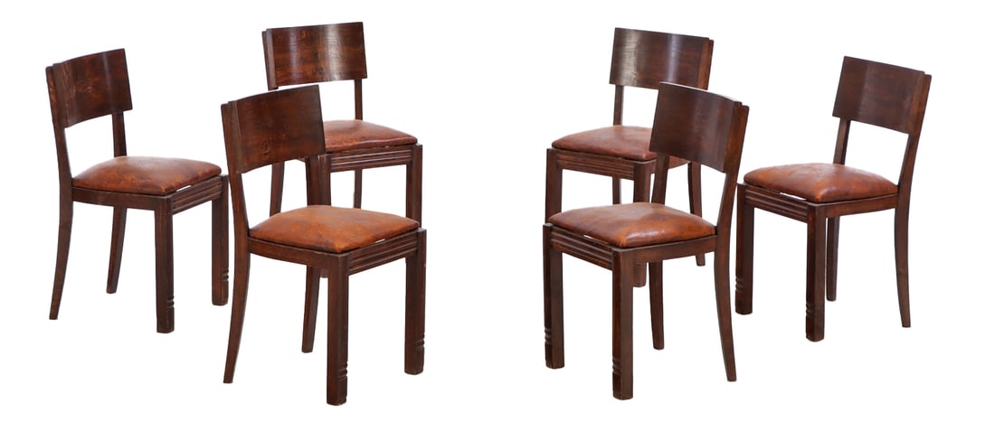 SIX FRENCH OAK DINING CHAIRS ATTRIBUTED TO CHARLES DUDOUYT,: Six French oak dining chairs attributed to Charles Dudouyt, Ht: 34" Wd: 17.25" Dpth: 20" Seat: 20.5"