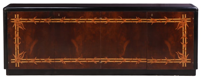 FOUR DOOR BURL WALNUT SIDEBOARD HAVING UNUSUAL FAUX BAMBOO INLAY AND A SYCAMORE INTERIOR WITH