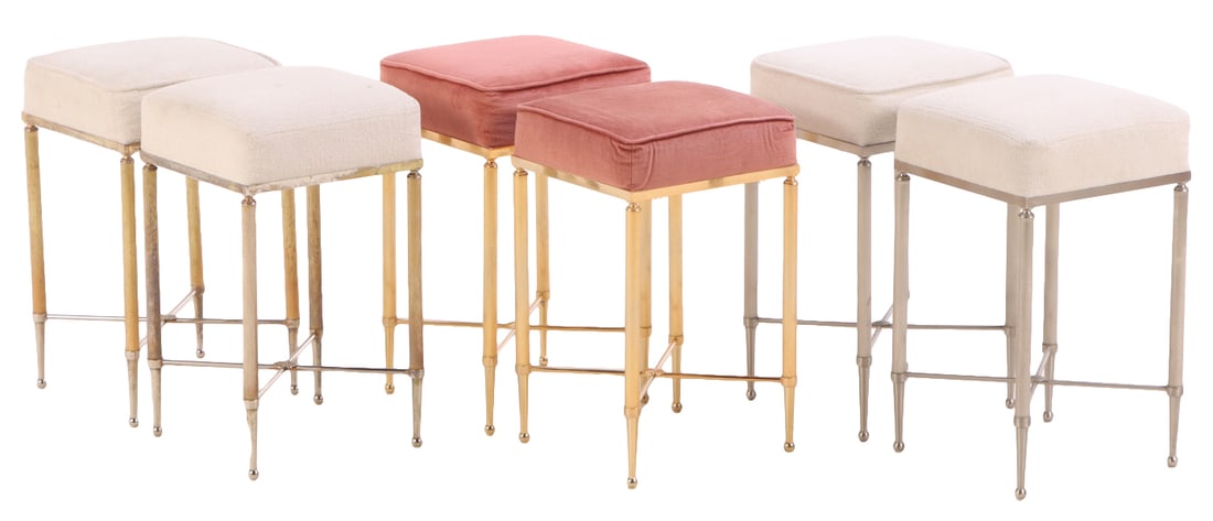 SIX FRENCH METAL AND UPHOLSTERED STOOLS IN THE MANNER OF JANSEN C 1970. (1 of 7)