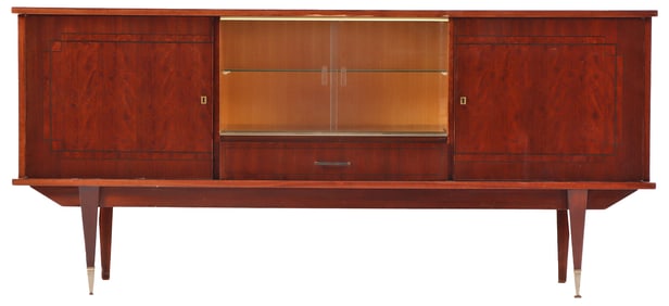 FRENCH BURL WOOD SIDEBOARD WITH CENTRAL BAR COMPARTMENT WITH SLIDING GLASS DOORS C 1950.
