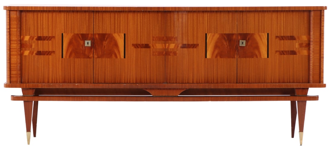 FRENCH MAHOGANY SIDEBOARD HAVING UNUSUAL INSET PANELS OF FLAME MAHOGANY AND A SYCAMORE INTERIOR C: French mahogany sideboard having unusual inset panels of flame mahogany and a sycamore interior C 1960. Ht: 37.5" Wd: 86.75" Dpth: 20.5"