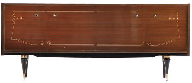 FRENCH MAHOGANY FOUR DOOR SIDEBOARD HAVING A SYCAMORE INTERIOR C 1950.