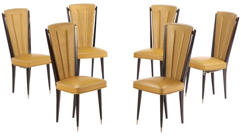 SIX WOOD AND UPHOLSTERED FRENCH DINING CHAIRS C 1955.