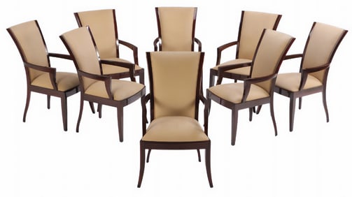 A SET OF EIGHT ART DECO STYLE MACASSAR EBONY DINING CHAIRS IN THE MANNER OF JULES LELEU