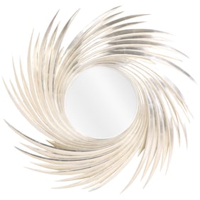 SILVER LEAF CARVED WOOD MIRROR IN A SWIRL FORM.