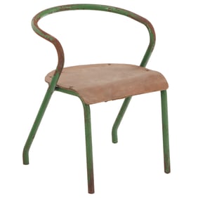 PETITE FRENCH IRON AND WOOD ARM CHAIR C 1950 IN THE MANNER OF JEAN PROUVE
