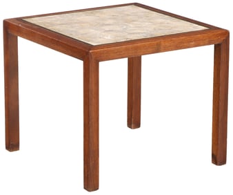 MID-CENTURY MODERN SHELL-TOPPED WALNUT SIDE TABLE.