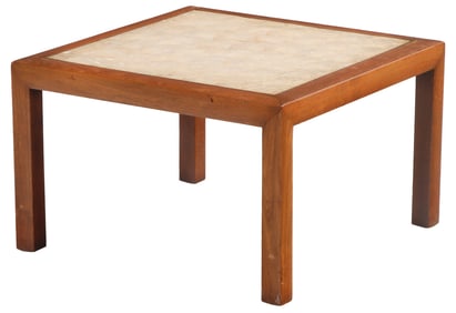 MID-CENTURY MODERN SHELL-TOPPED WALNUT SIDE TABLE.