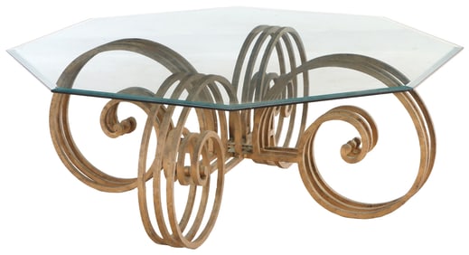GLASS-TOPPED IRON COFFEE TABLE, CIRCA 1960.