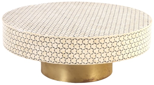 LARGE, ROUND COFFEE TABLE WITH AN INLAID GEOMETRIC PATTERN OF BONE AND CIRCULAR BRASS BASE.