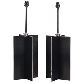 PAIR STEEL TABLE LAMPS IN THE MANNER OF JEAN-MICHEL FRANK.