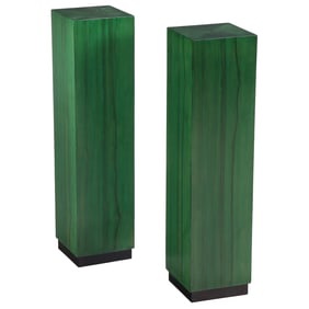 A PAIR OF RIBBON MAHOGANY PEDESTALS WITH GREEN TINT FINISH.