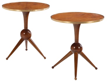 PAIR PEDESTAL FORM END TABLES IN THE MANNER OF ANDRE ARBUS HAVING HIGHLY FIGURED WOOD TOPS.
