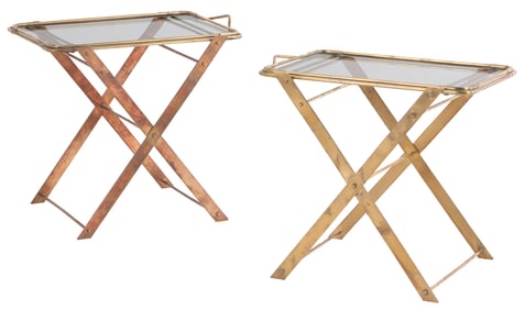 PAIR OF BRASS SERVERS WITH REMOVABLE TRAY TOP, FOLDING BASE AND TINTED GLASS C 1970.