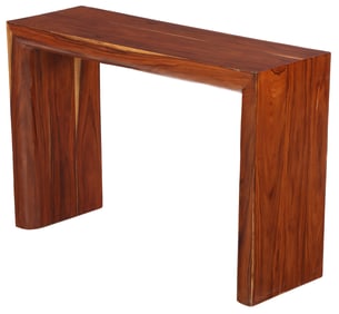 A MID CENTURY MODERN CONSOLE TABLE IN STAINED CEDAR WOOD