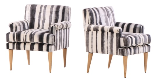 PAIR OF FRENCH UPHOLSTERED CLUB CHAIRS ON WOODEN LEGS.