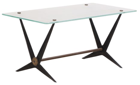 FRENCH IRON AND BRASS COFFEE TABLE WITH FROSTED GLASS C 1950.