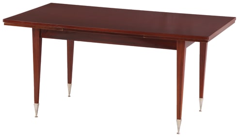 FRENCH MAHOGANY DINING TABLE HAVING ELEGANT LEGS AND TWO ORIGINAL LEAVES C 1950 IN THE MANNER OF