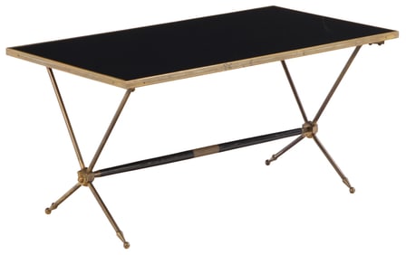 FRENCH BRASS AND BLACK GLASS COFFEE TABLE IN THE MANNER OF JACQUES ADNET C 1950.
