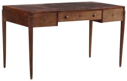 QUALITY FRENCH MAHOGANY WRITING DESK IN THE MANNER OF ANDRE ARBUS HAVING OAK SECONDARY WOOD C 1940.