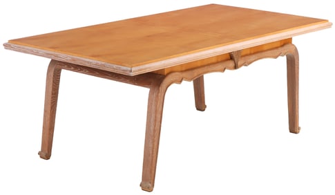 FRENCH ART DECO DINING TABLE BY CLAUDE OLIVIER MEERSON, 1937. SYCAMORE TOP WITH CERUSED OAK BASE.