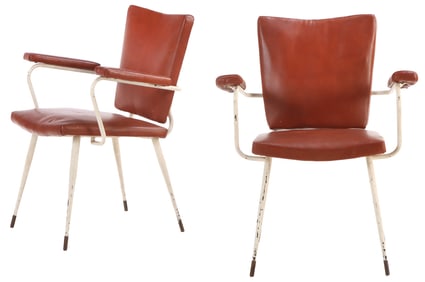 FRENCH FIFTIES PAIR OF WHITE PAINTED ARMCHAIRS WITH BRASS-MOUNTED FEET.