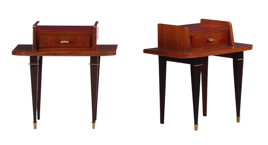 PAIR ROSEWOOD AND EBONIZED WOOD FRENCH NIGHTSTANDS HAVING A SINGLE DRAWER C 1950. (1 of 8)