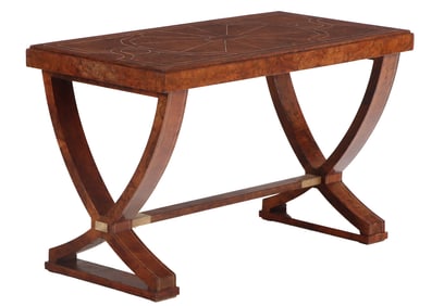 FRENCH BURL WOOD COFFEE TABLE WITH FAUX IVORY INLAY AND SHARK SKIN OVERLAYS C 1940.