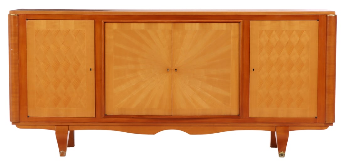 FRENCH FOUR DOOR SIDEBOARD WITH STARBURST DESIGN IN SYCAMORE C1950.: French four door sideboard with starburst design in sycamore C1950. Ht: 39.5" Wd: 86.5" Dpth: 19"