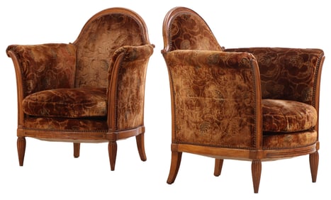 PAIR FRENCH ART DECO LOUNGE CHAIRS C 1935 IN THE MANNER OF PAUL FOLLOT.