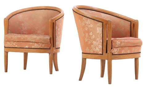 PAIR FRENCH ART DECO TUB CHAIRS HAVING A CONTINUOUS BACK.